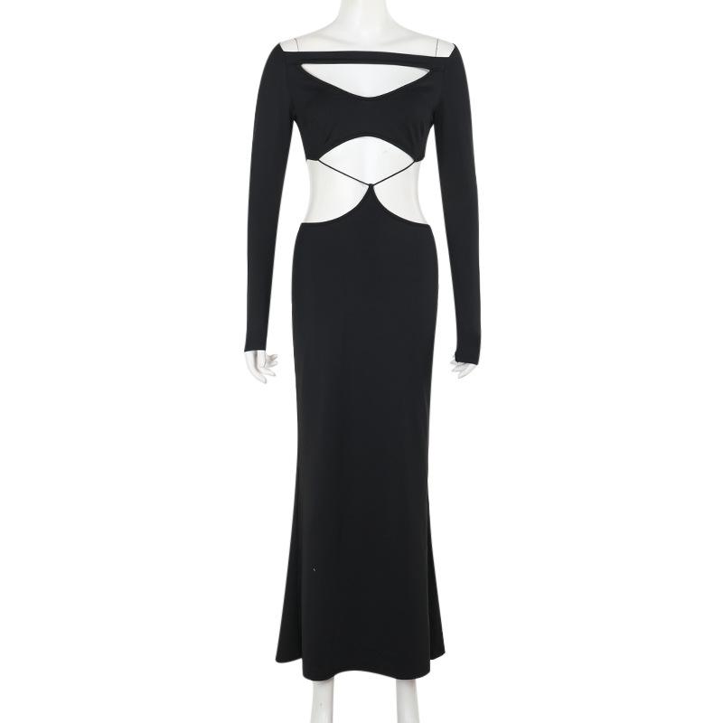 Long sleeve hollow out solid maxi dress