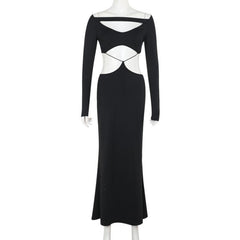 Long sleeve hollow out solid maxi dress
