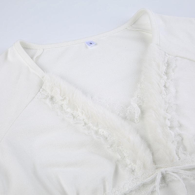 Fluffy patchwork solid long sleeve self tie top
