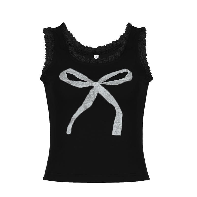 U neck lace hem bowknot pattern contrast tank top