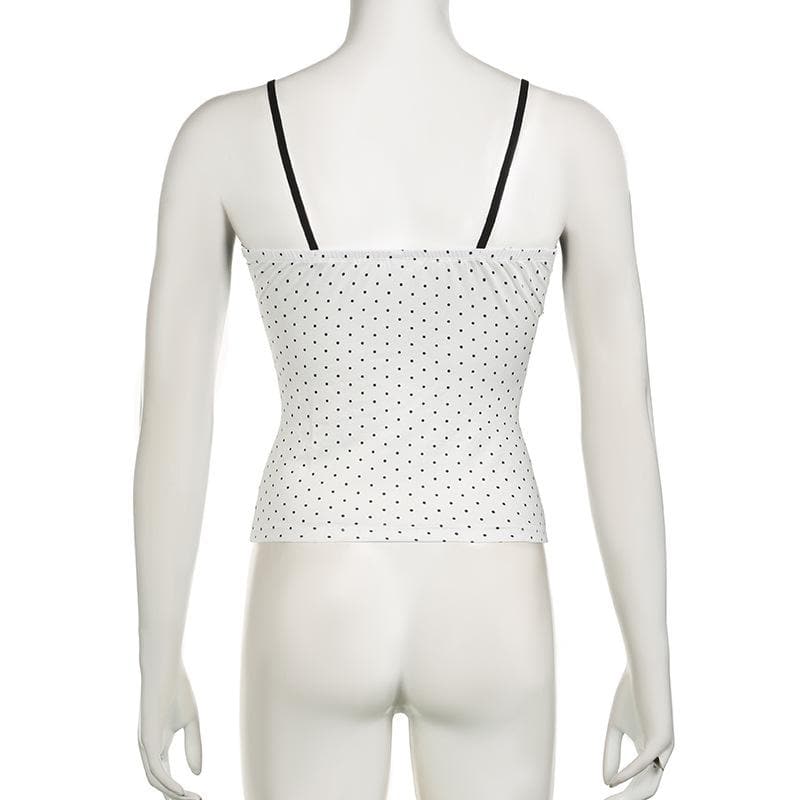 V neck lace hem polka dot button cami top