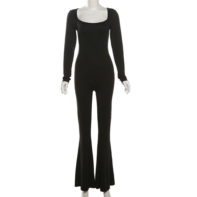 Long sleeve u neck backless self tie solid jumpsuit