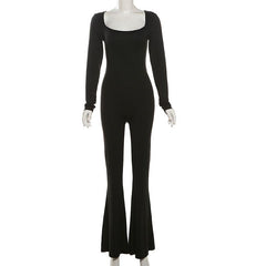 Long sleeve u neck backless self tie solid jumpsuit