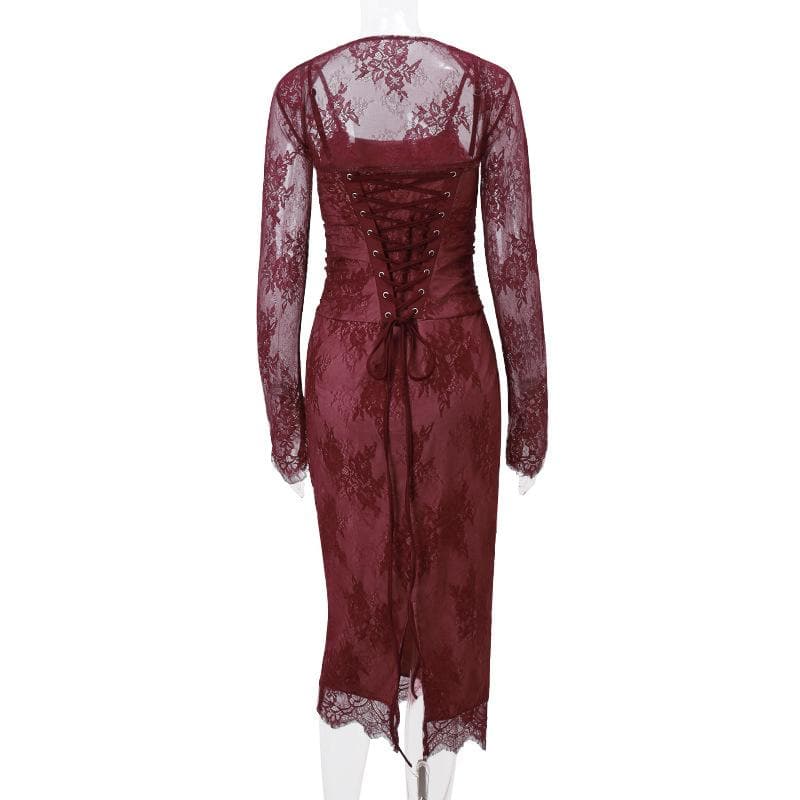 Long sleeve lace up shrug 2 piece cami midi dress  | red tango dress
