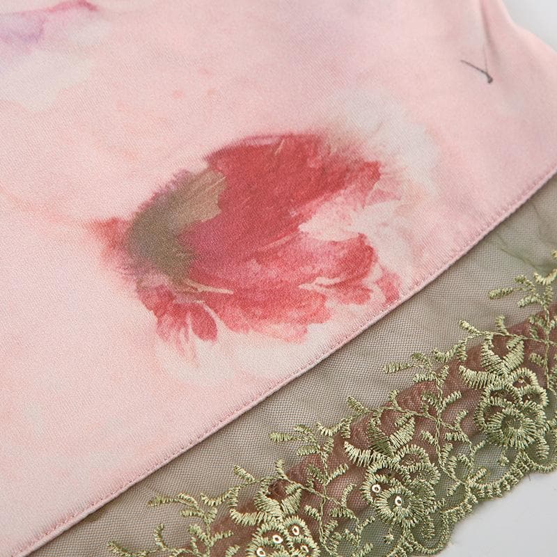 Lace hem flower print backless cami top