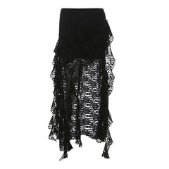 Lace ruffle solid irregular maxi skirt