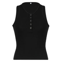 Button v neck ribbed solid sleeveless top