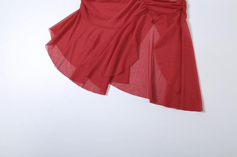 Ruched ruffle slit sheer mesh hollow out cami mini dress  | red tango dress  | samba dress