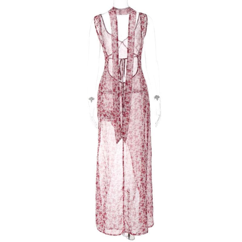 Chiffon flower print contrast backless v neck sleeveless maxi dress  | red tango dress