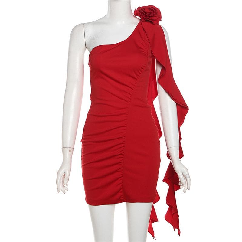 One shoulder flower applique ruched ruffle solid backless mini dress  | red tango dress