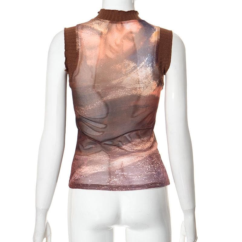 High neck sleeveless mesh see through print ribbed top