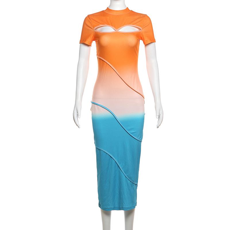 Short sleeve crewneck stitch contrast hollow out midi dress