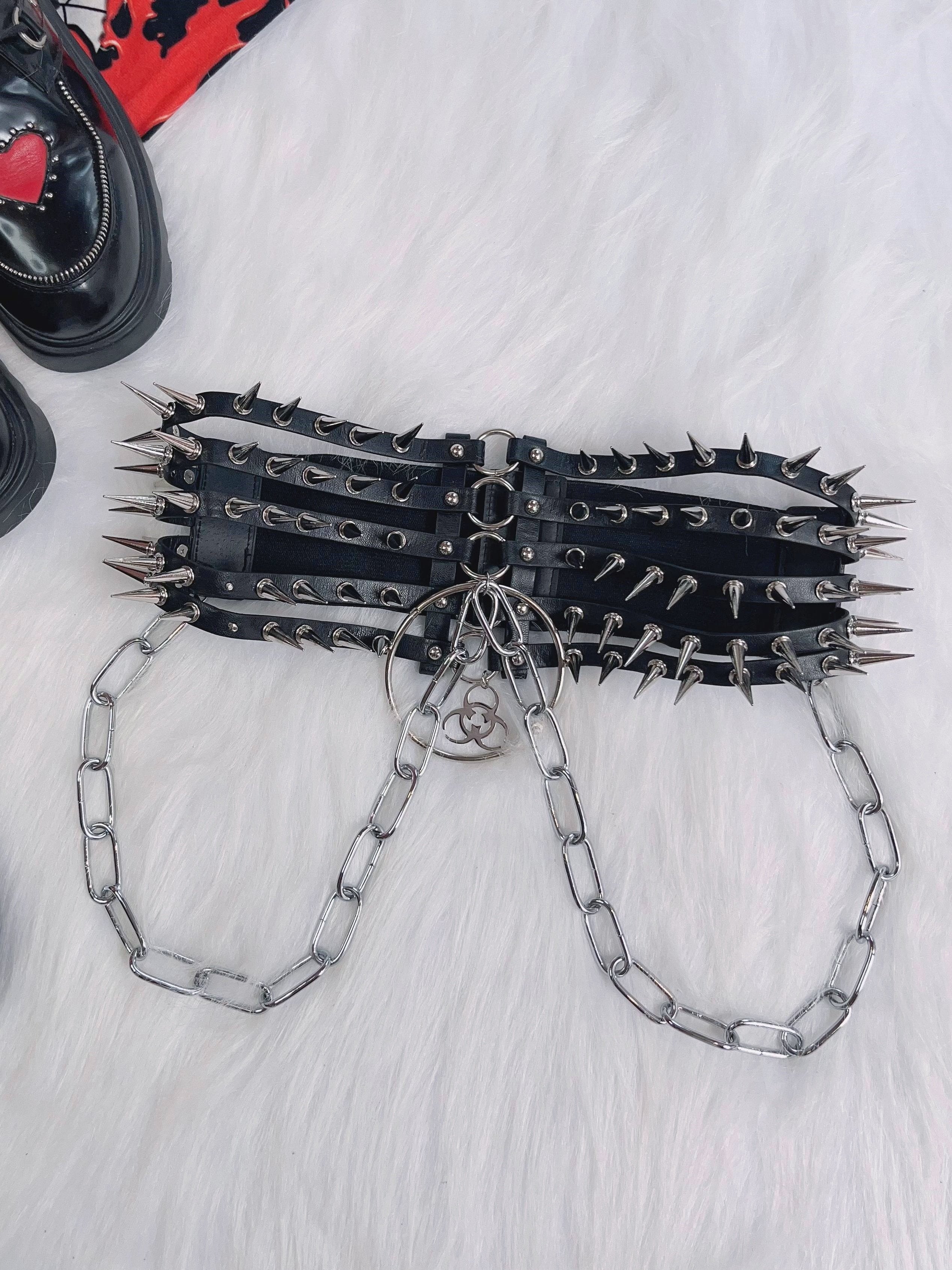 PU leather rivet o ring waist chain