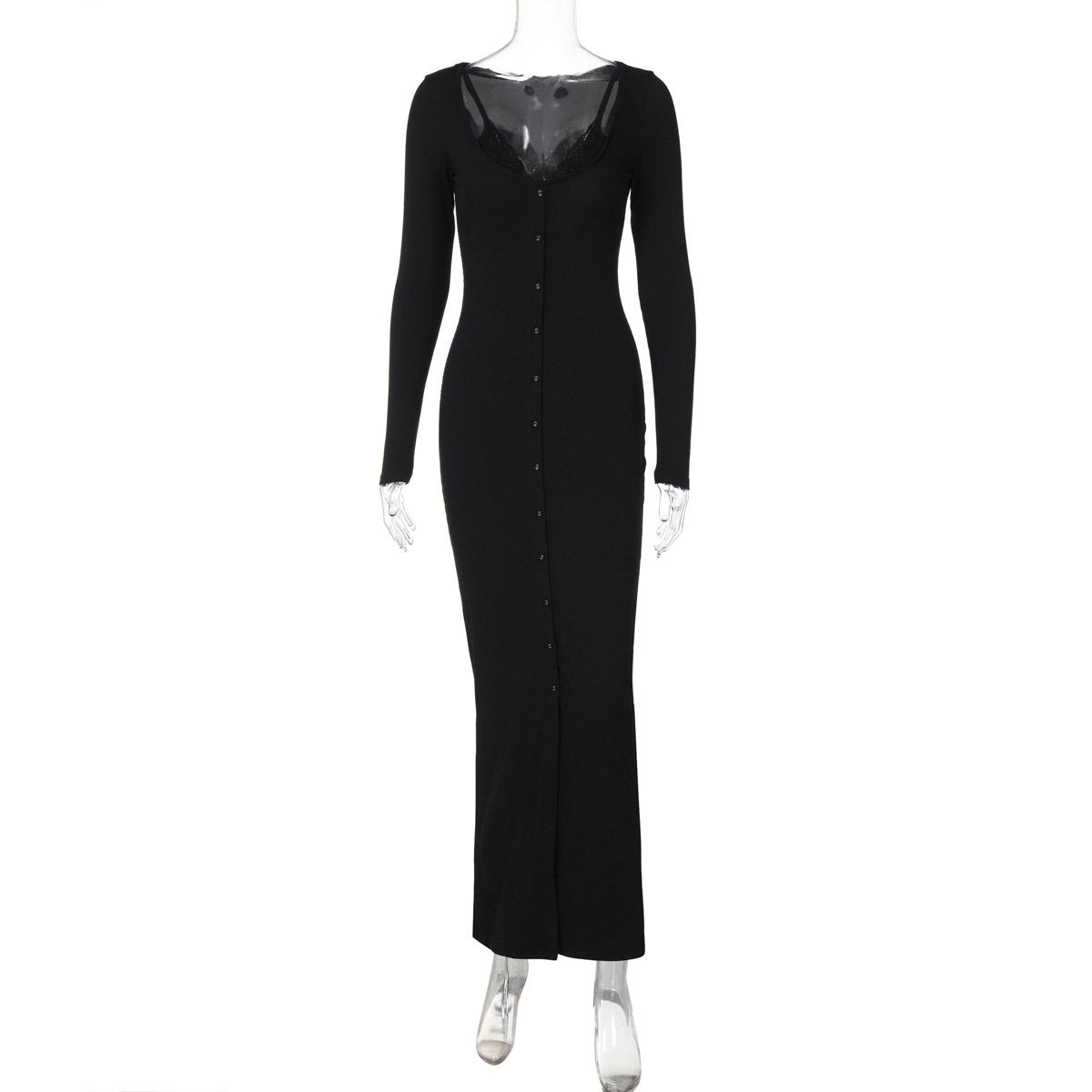 Long sleeve lace hem button maxi dress