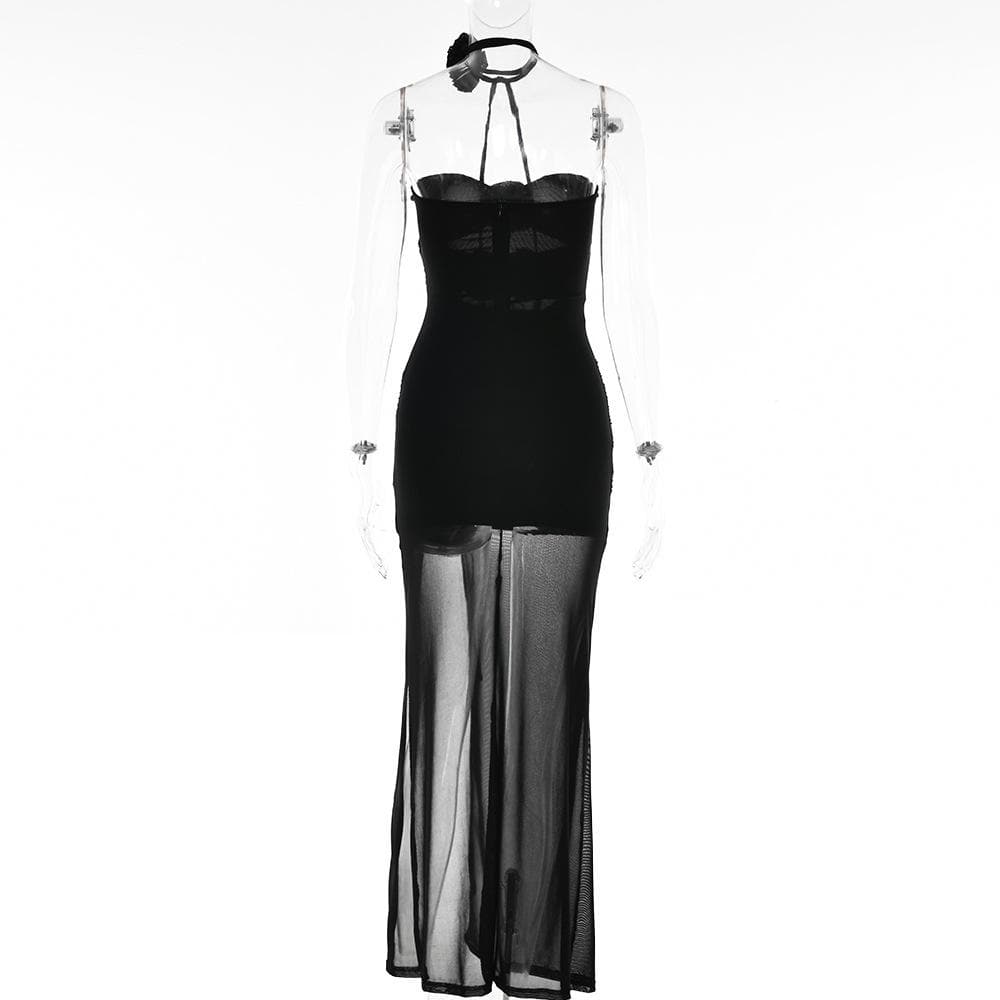 Flower applique sheer mesh hollow out solid backless zip-up slit tube midi dress  | samba dress