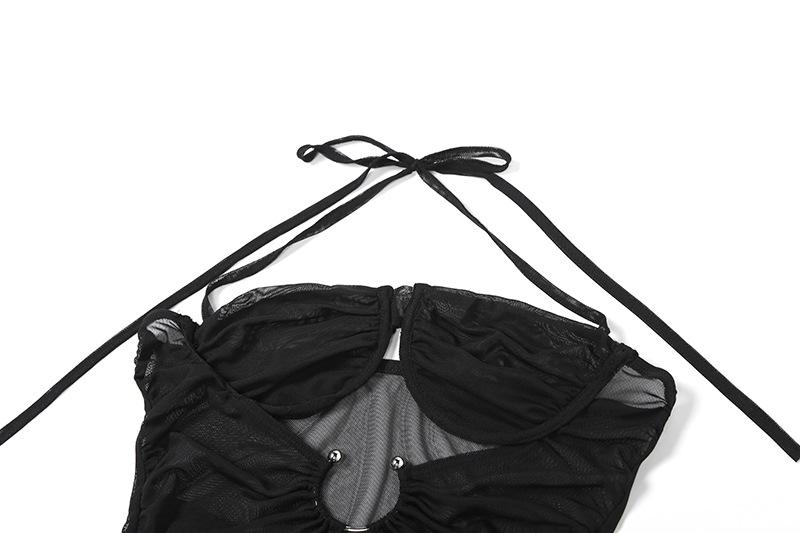 Sheer mesh halter self tie hollow out ruched mini dress  | samba dress