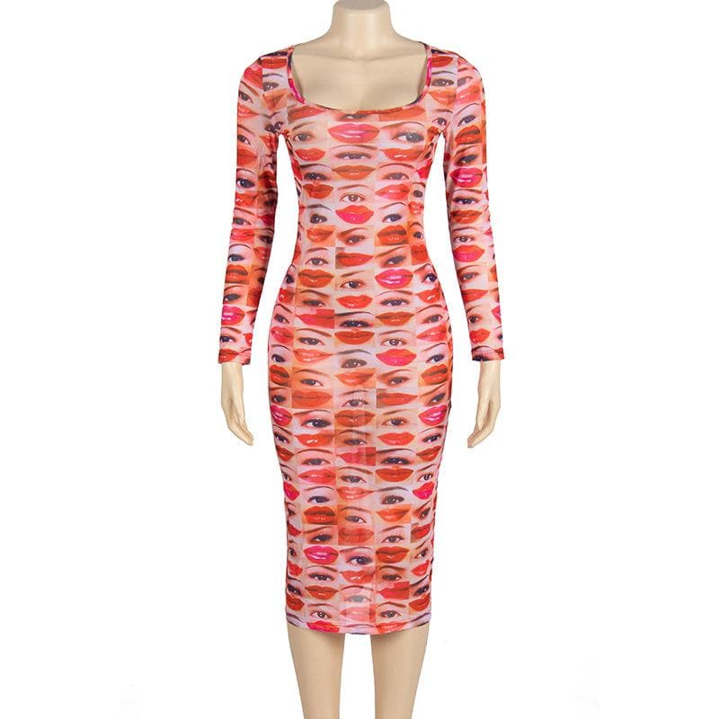 Long sleeve abstract u neck sheer mesh contrast midi dress  | samba dress