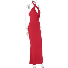 Halter ruched backless solid cross front maxi dress  | red tango dress