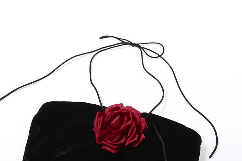 Halter velvet flower applique backless top