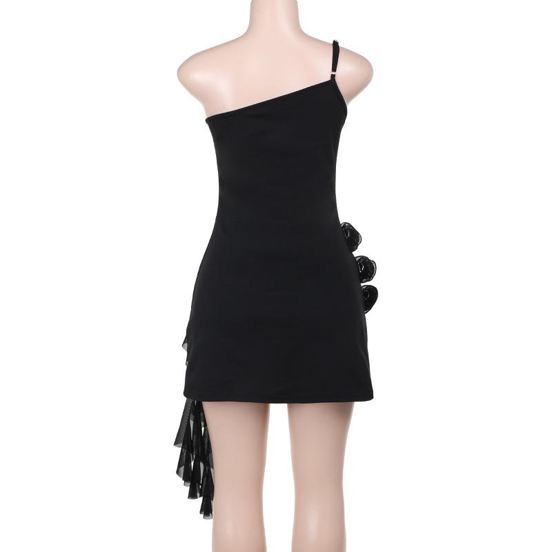 One shoulder ruffle flower applique mini dress  | red tango dress
