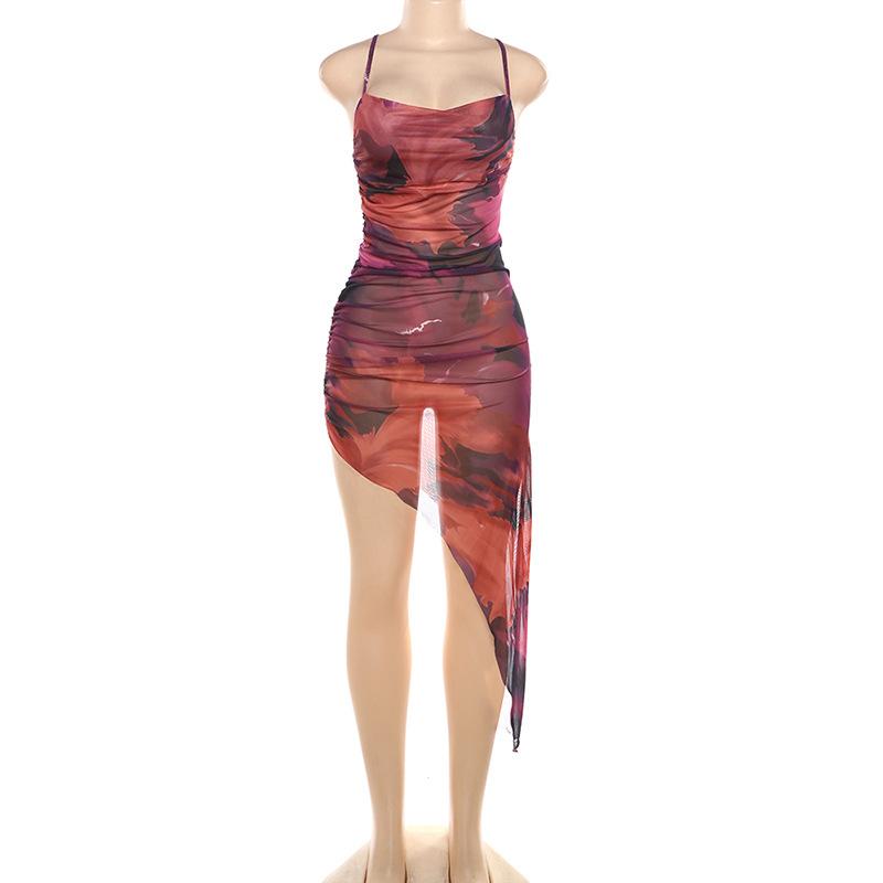 Sheer mesh cross back ruched print irregular cami midi dress  | samba dress