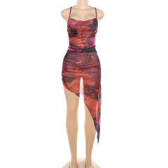 Sheer mesh cross back ruched print irregular cami midi dress  | samba dress