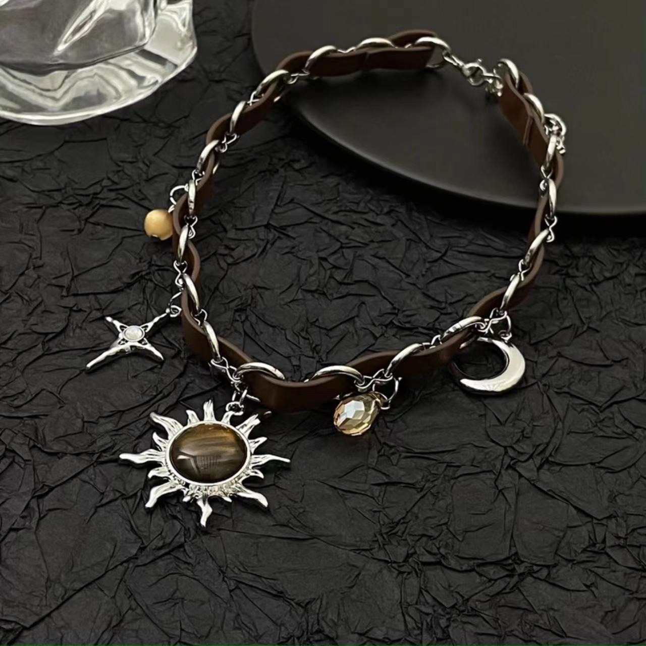 The sun moon cross o ring PU leather choker necklace