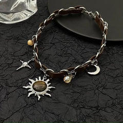 The sun moon cross o ring PU leather choker necklace