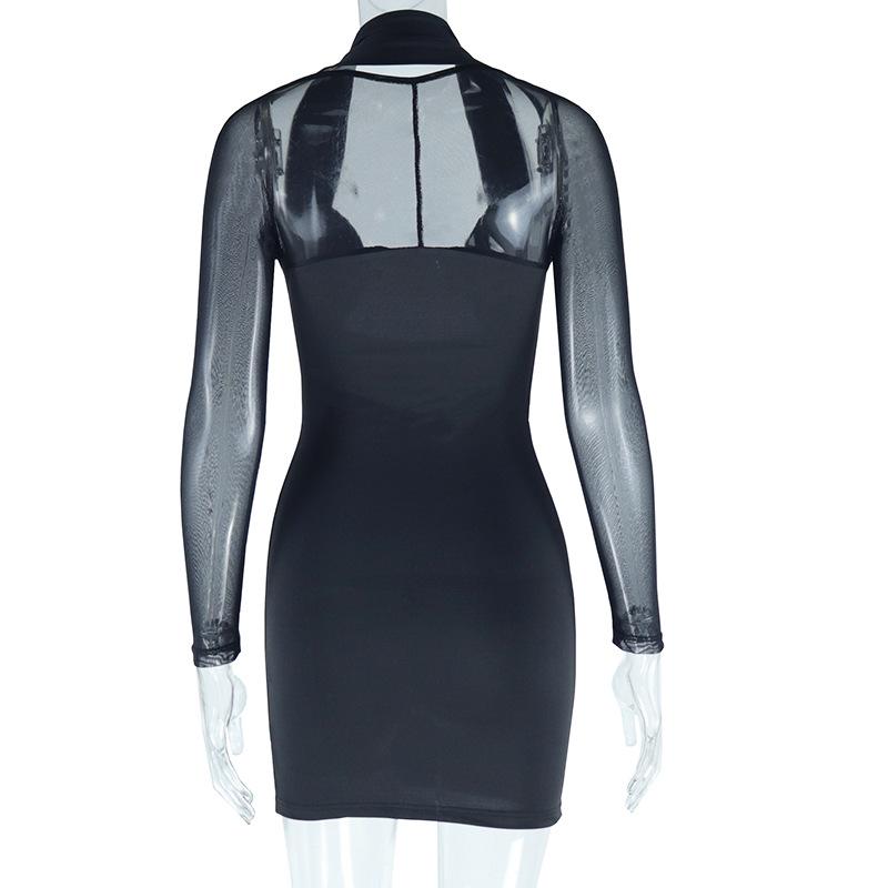 Halter long sleeve mesh patchwork beaded mini dress
