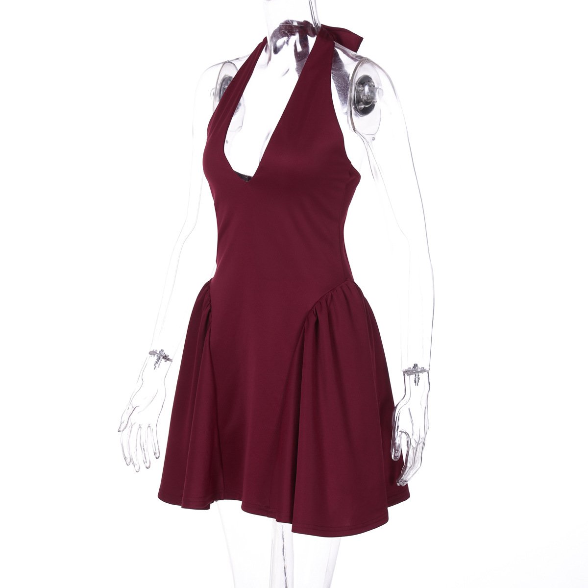 Halter v neck solid backless mini dress