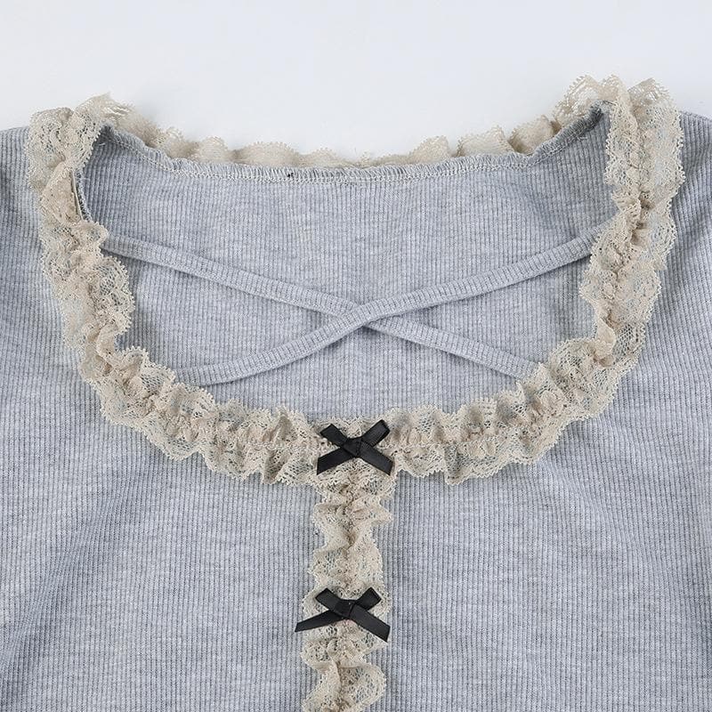 Ruffle solid ribbed contrast long sleeve cross front crop top