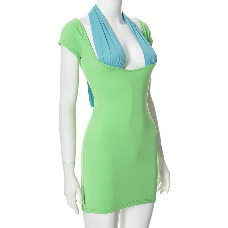 Short sleeve low cut patchwork knotted mini dress