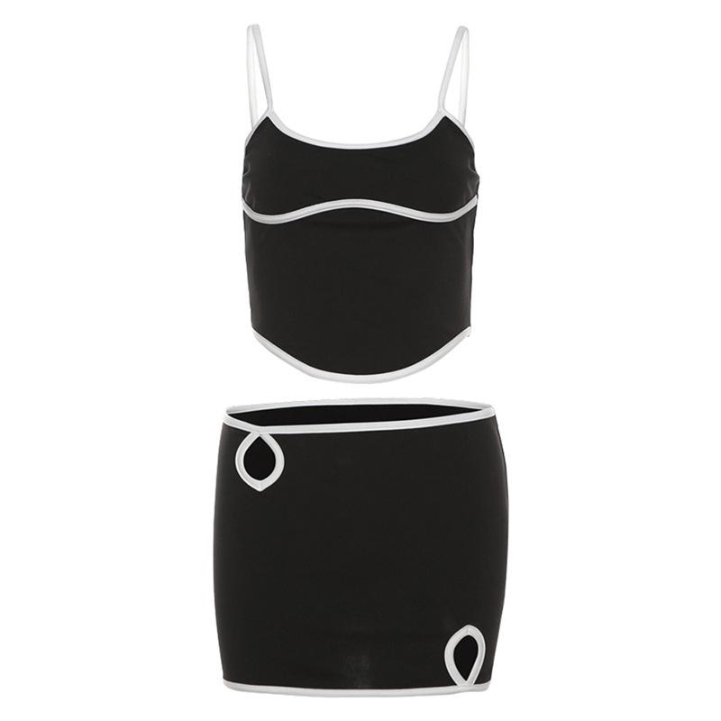 U neck stitch hollow out cami mini skirt set