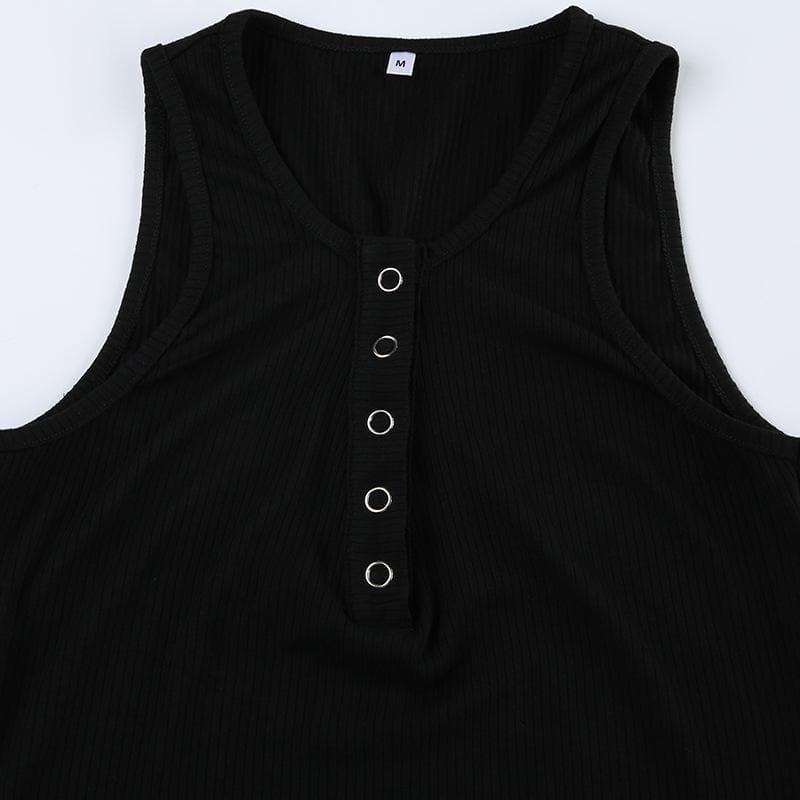 Button v neck ribbed solid sleeveless top