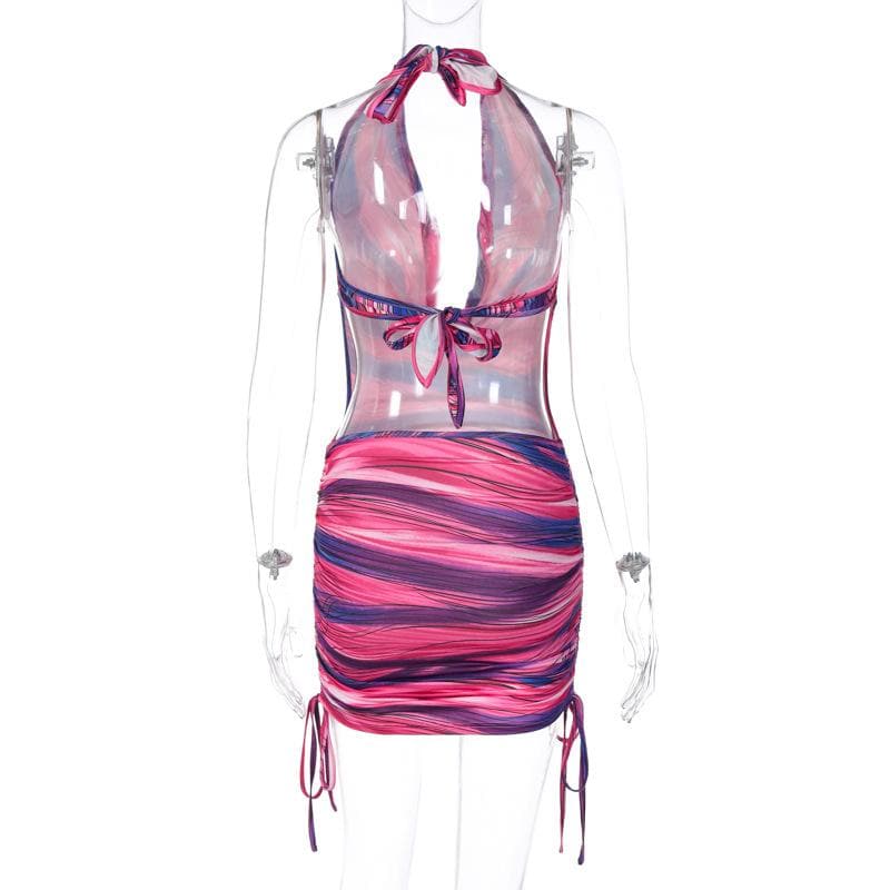 Cowl neck halter contrast drawstring self tie backless mini dress  | red tango dress