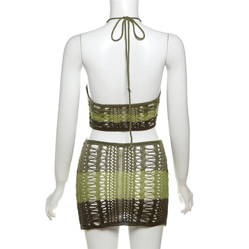 Self tie halter hollow out knitted lace up backless mini dress