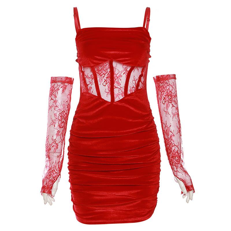 Velvet ruched lace gloves cami mini dress