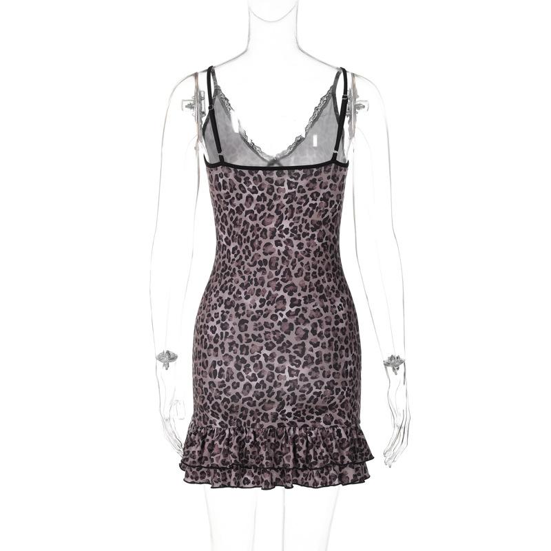 V neck leopard print lace hem ruffle cami mini dress