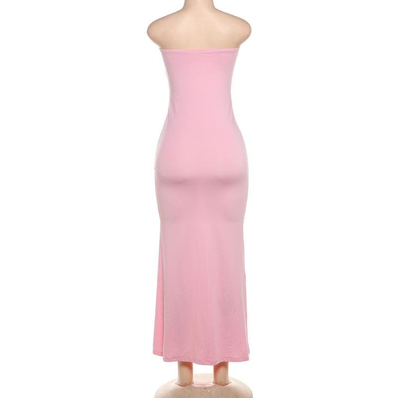 Notch neck flower applique ruched tube maxi dress