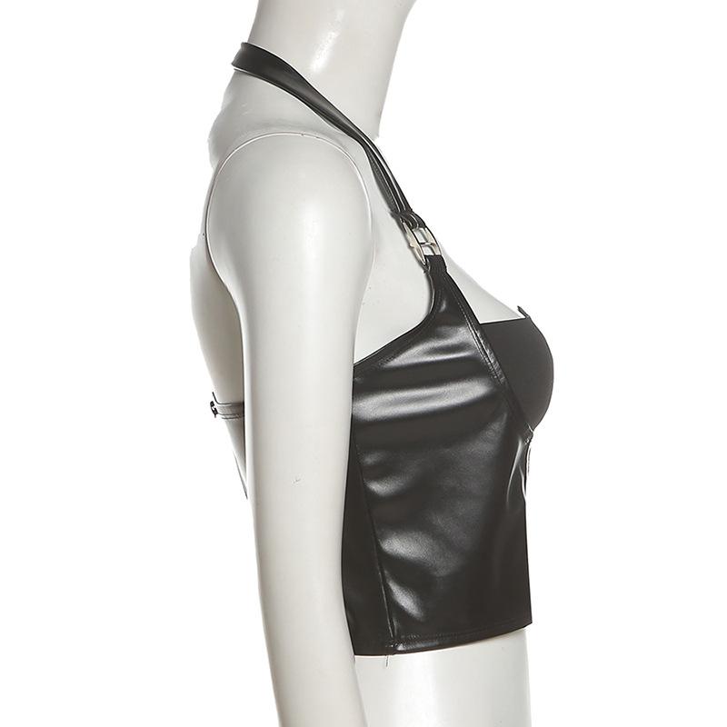 Halter PU leather buckle zip-up stitch solid top