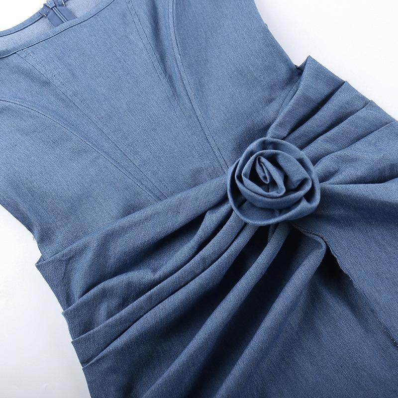 High slit bustier denim flower applique mini dress