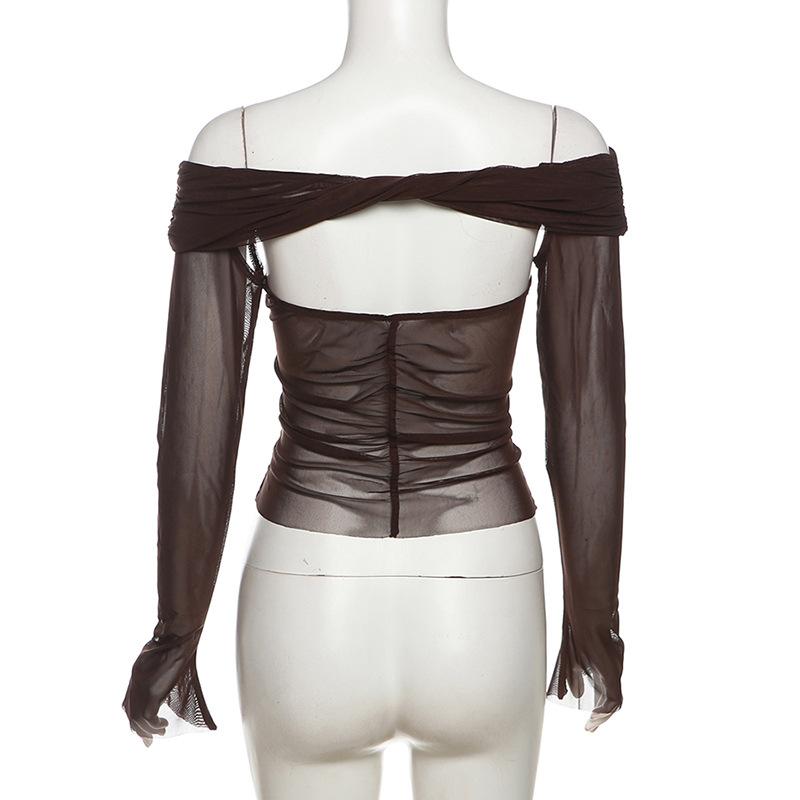 Long sleeve off shoulder lace up hollow out sheer mesh top