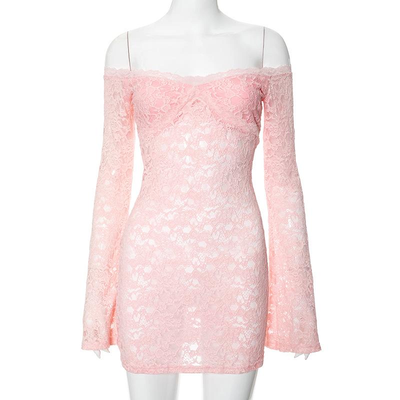 Long flared sleeve off shoulder lace see through mini dress  | red tango dress