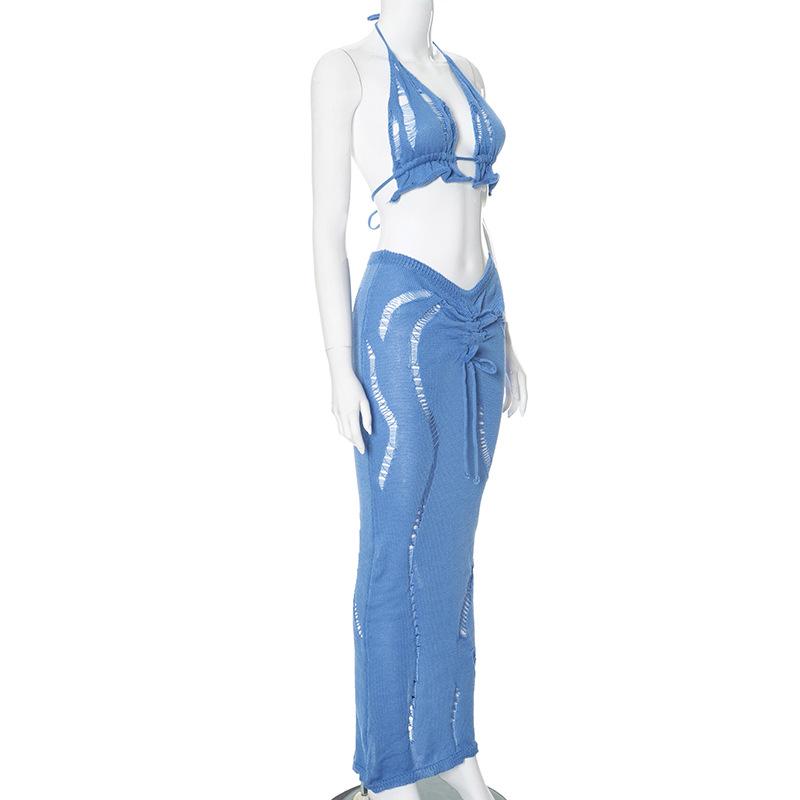 Halter knitted drawstring self tie slit maxi skirt set