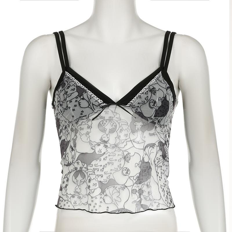 Bowknot mesh patchwork ruffle print cami top