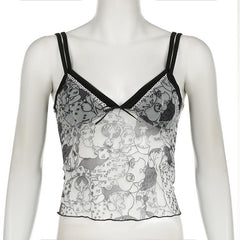 Bowknot mesh patchwork ruffle print cami top