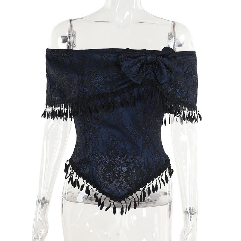 Off shoulder bowknot tassels lace top
