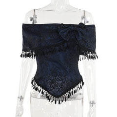 Off shoulder bowknot tassels lace top