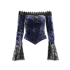 Off shoulder long flared sleeve velvet top