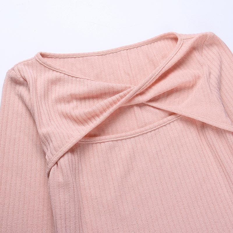 Long sleeve knitted hollow out ribbed cross front crop top